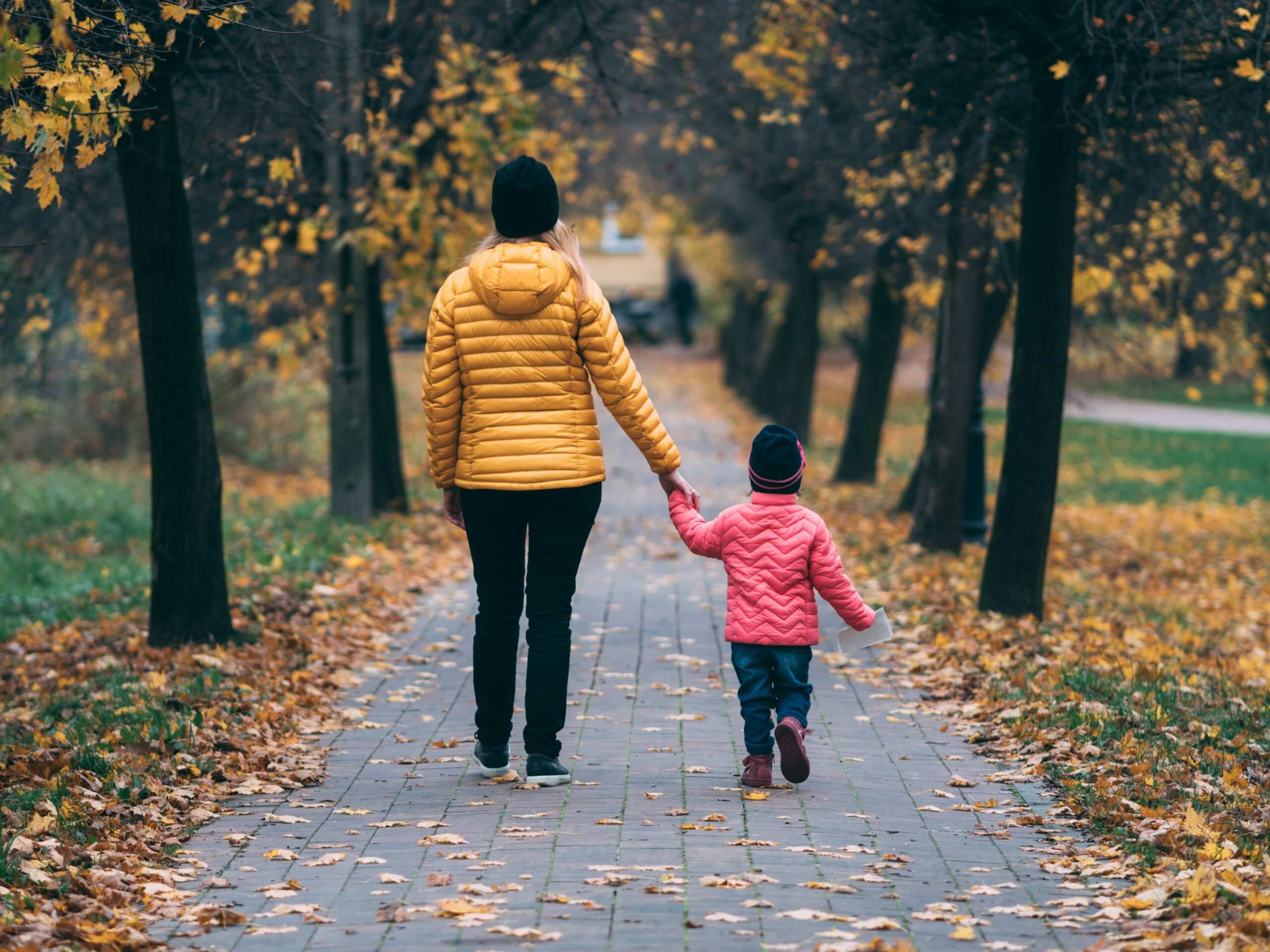 Parent and child holding hands on a path flanked with trees